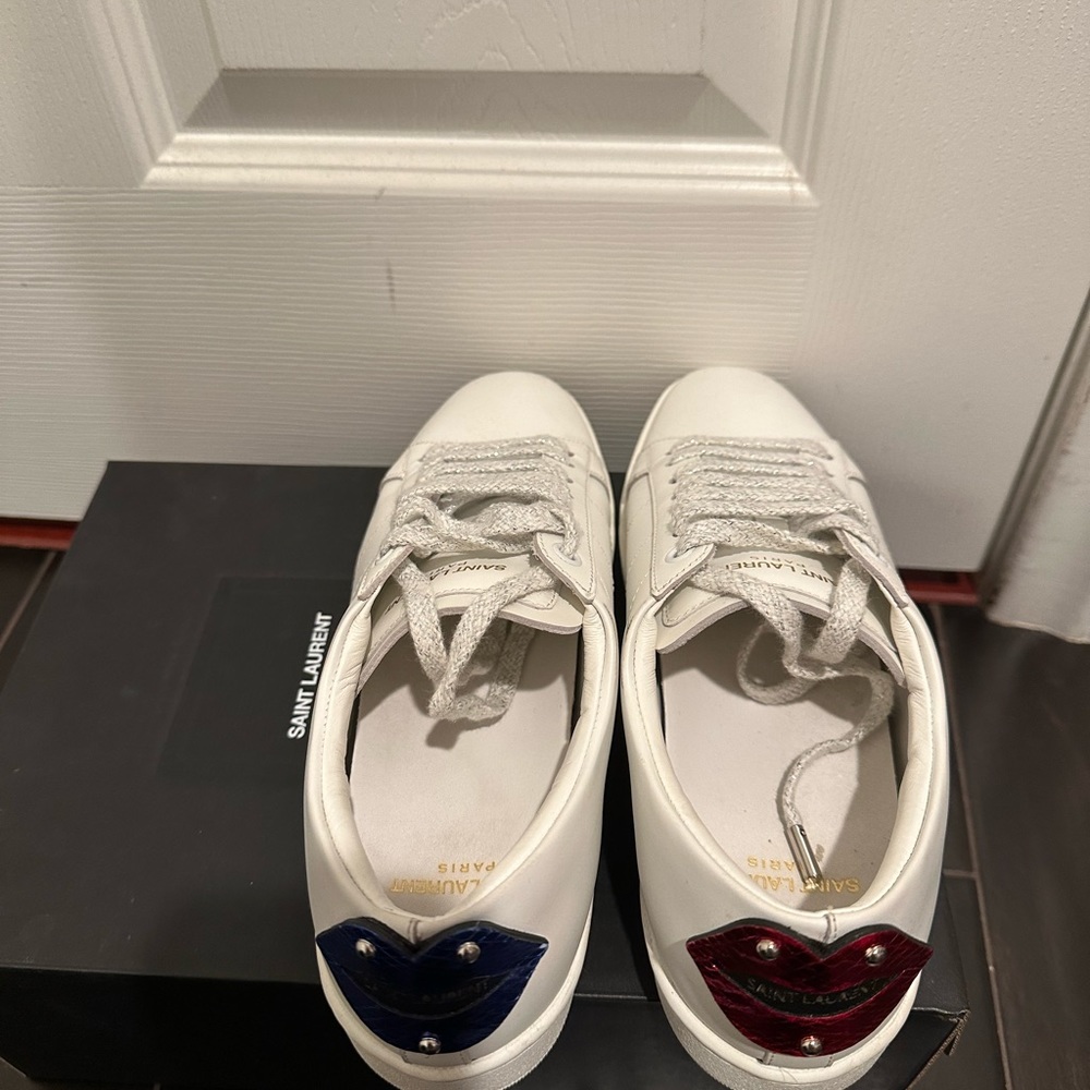 Saint Laurent White Leather Lips Classic Court Sneakers Shoes Size 37.5 - Picture 2 of 4